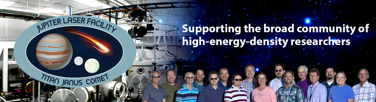 Jupiter Laser Facility logo with staff and the words "Supporting the broad community of high-energy-density researchers".